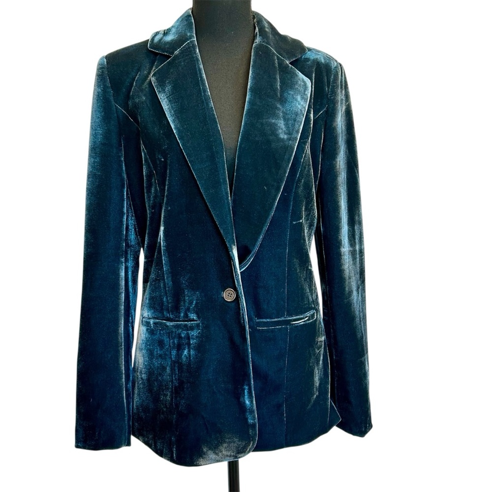 Design Lab dark teal blue velvet single breasted blazer long sleeve lapel collar